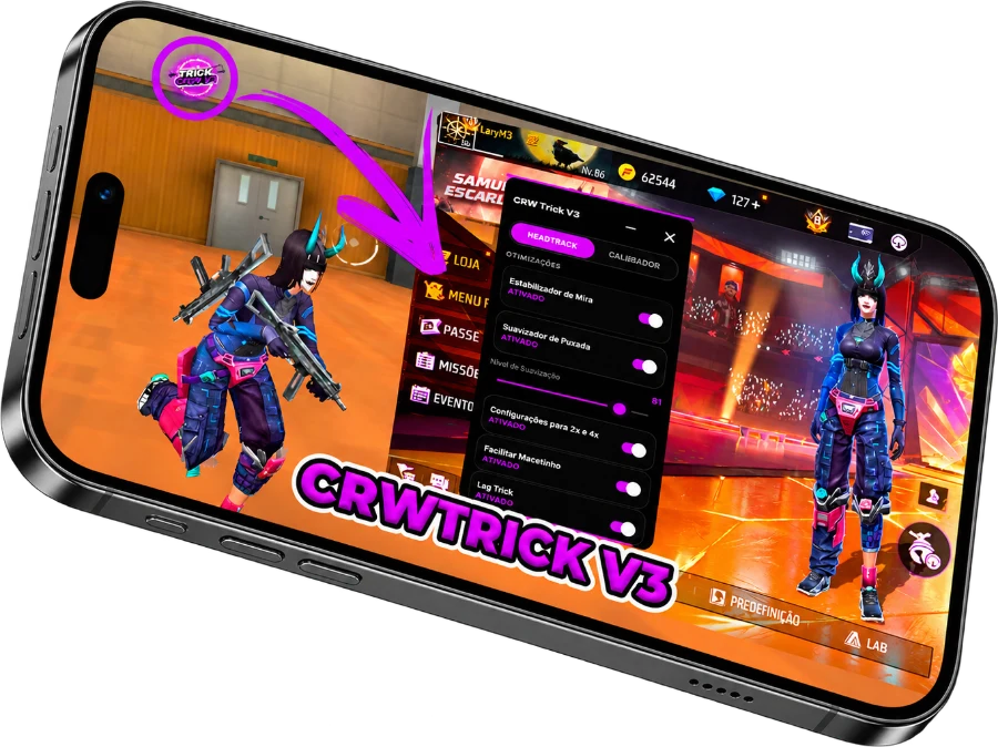 Panel de CRW Trick V3 abierto sobre Free Fire, con los ajustes de estabilizador de mira y suavizador de arrastre activados.